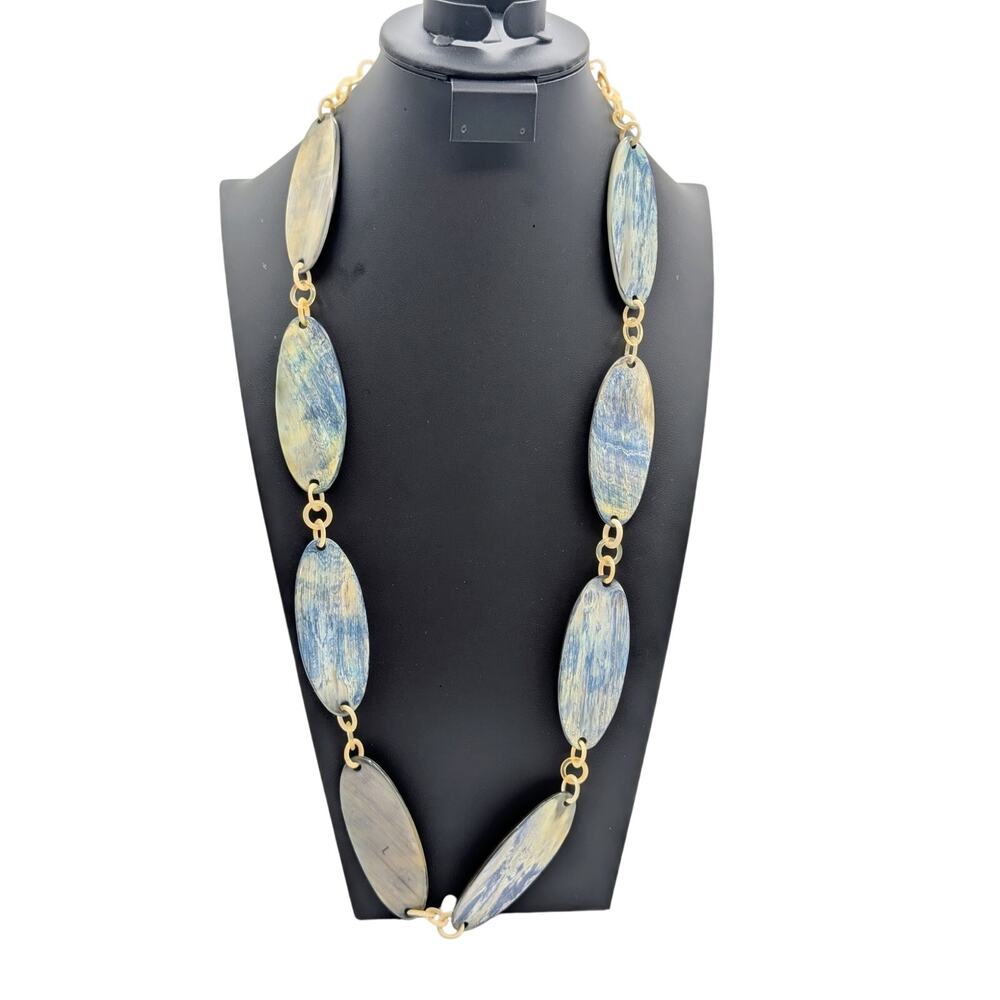Artisan Created Boho Wood Look Lucite Oval Disk & Loopy Chain 32" Necklace